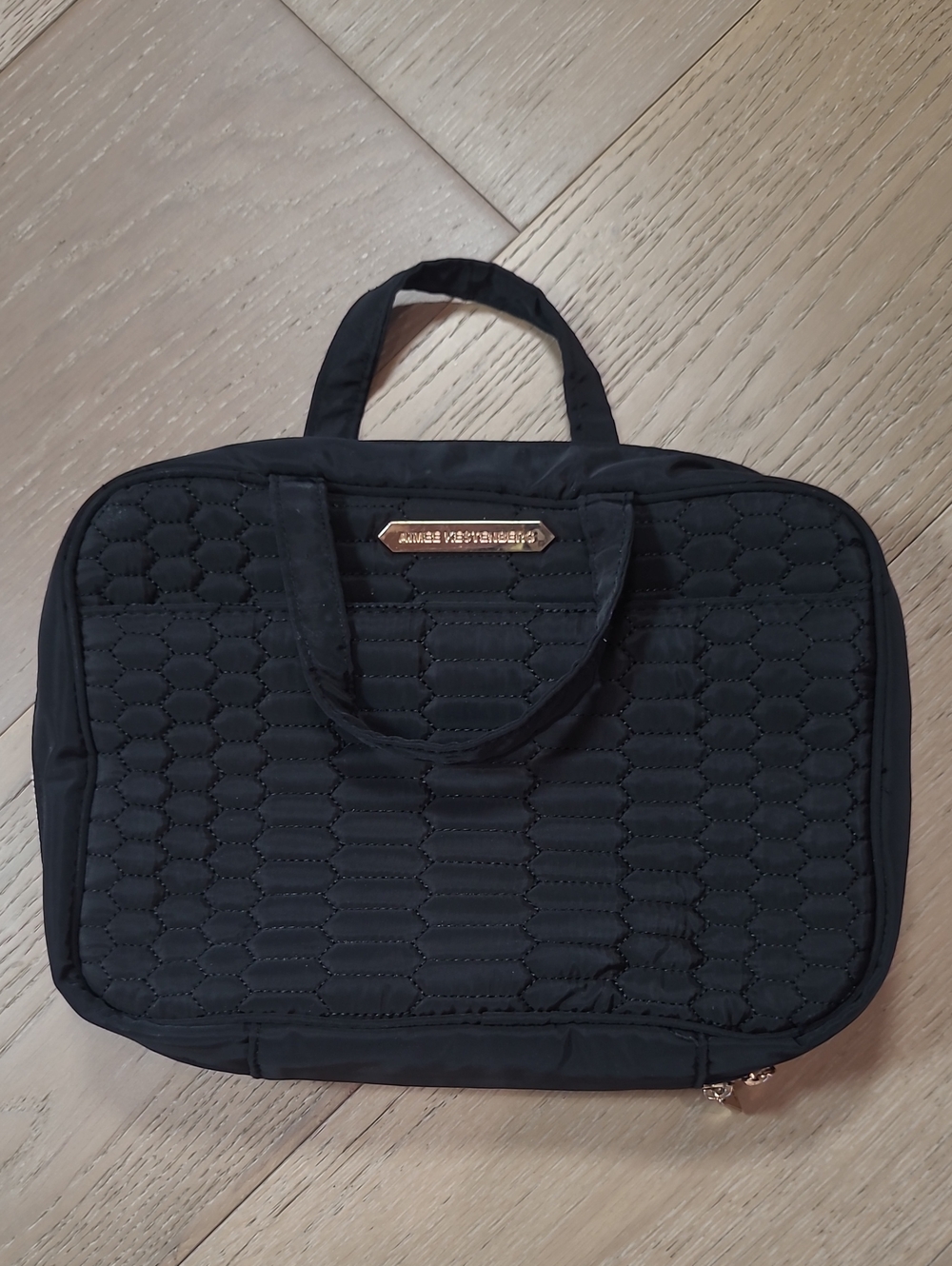 Aimee Kestenberg Makeup Bag Women's Tri Fold Black Quilted Toiletry Travel Bag